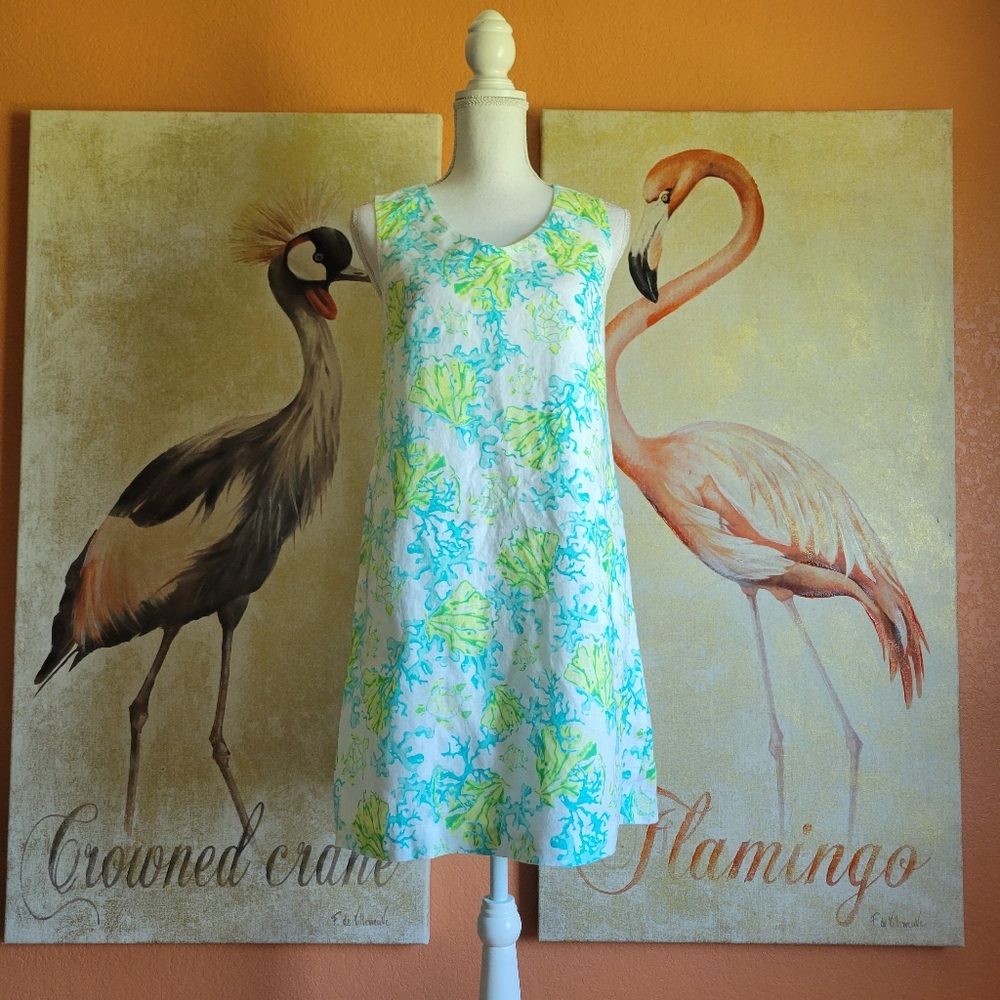 J Jill Linen Summer Shift Dress Seaside Coral Turtle V Neck Pockets Small Petite